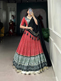 Red Color Bandhej And Ajarakh Print With Gota Lace Border Rayon Chaniya Choli