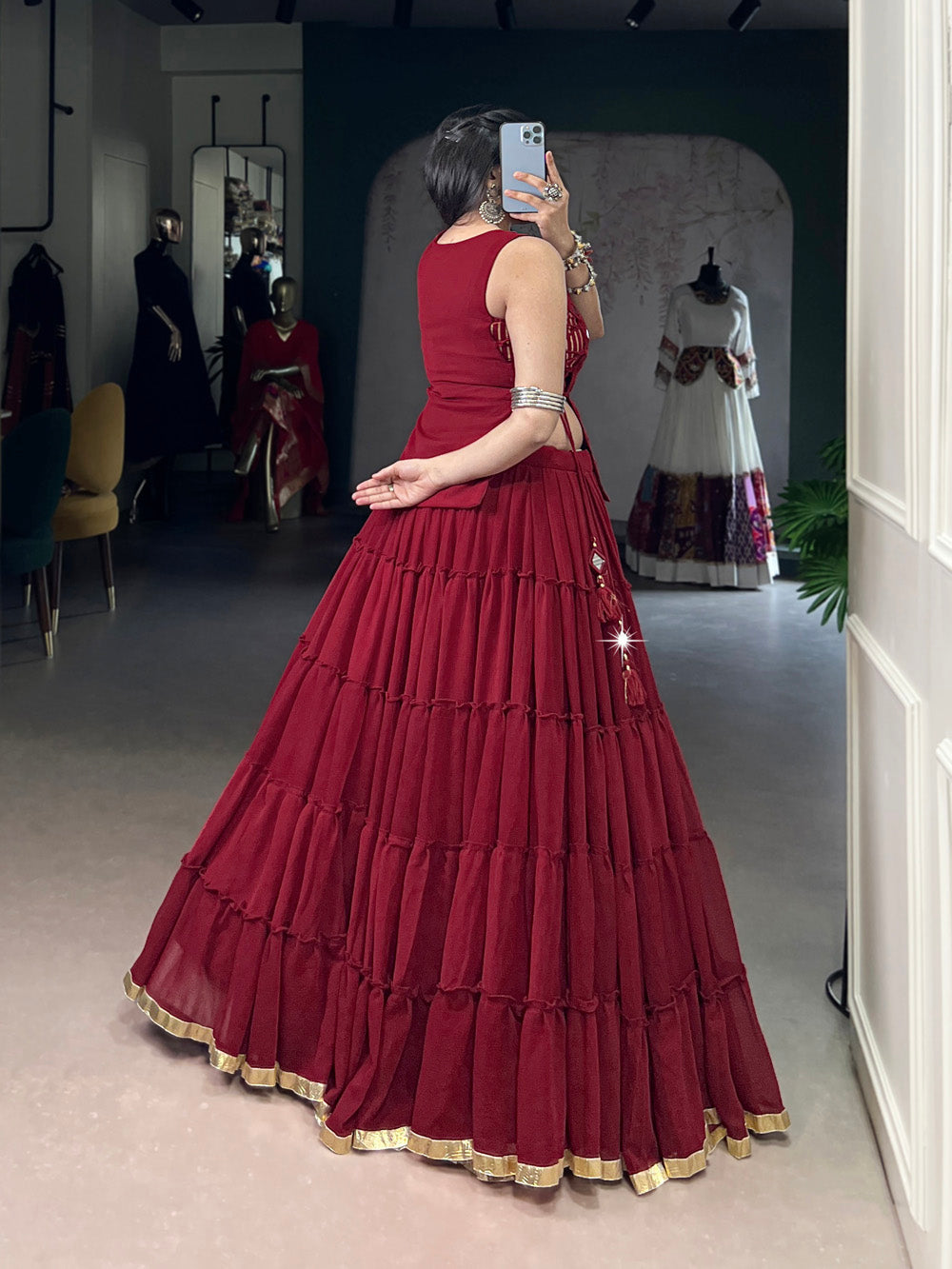 Red Color Embossed Design Lace Border Marbel Chaniya Choli
