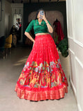 Red Color Kalamkari Print With Zari Weaving Border Dola Silk Co-ord Set Lehenga Choli