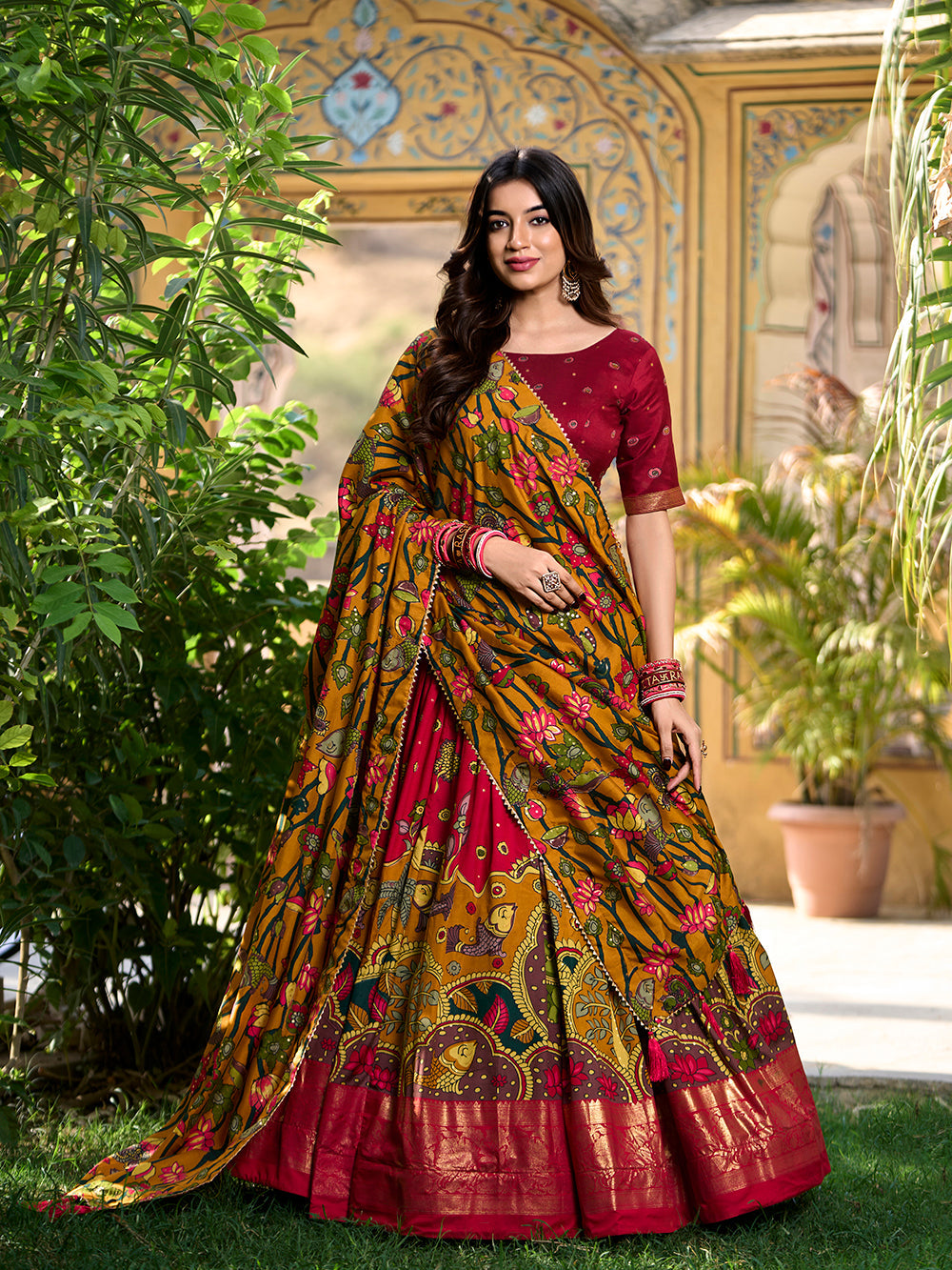 Red Color Kalamkari Print With Foil Work Tasar Silk Lehenga Choli