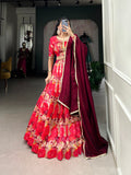 Red Color Printed With Tussar Silk Lehenga Choli