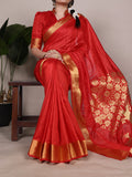 red raw silk saree with zari weaving

