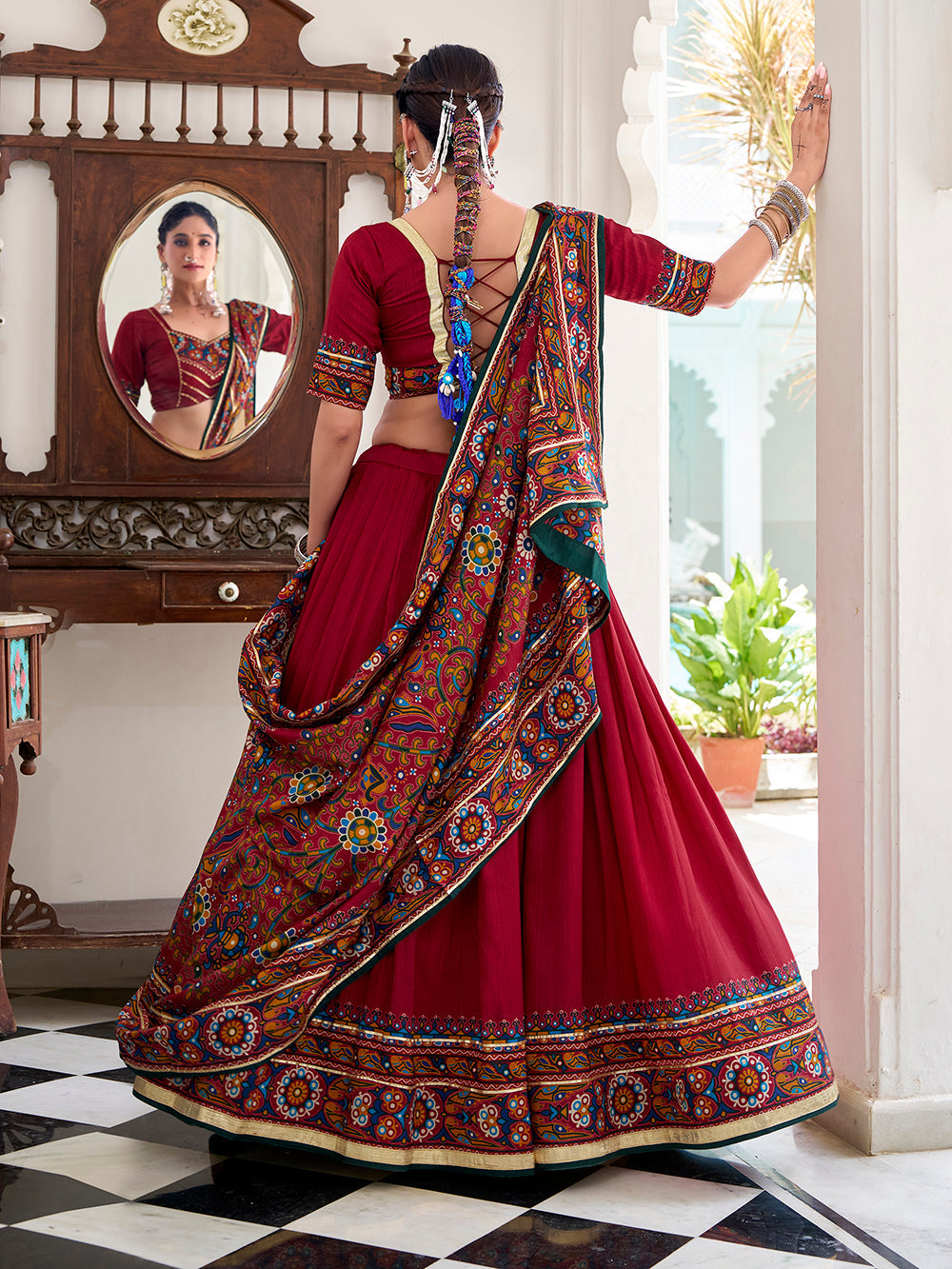 Red festive gamthi print lehenga choli