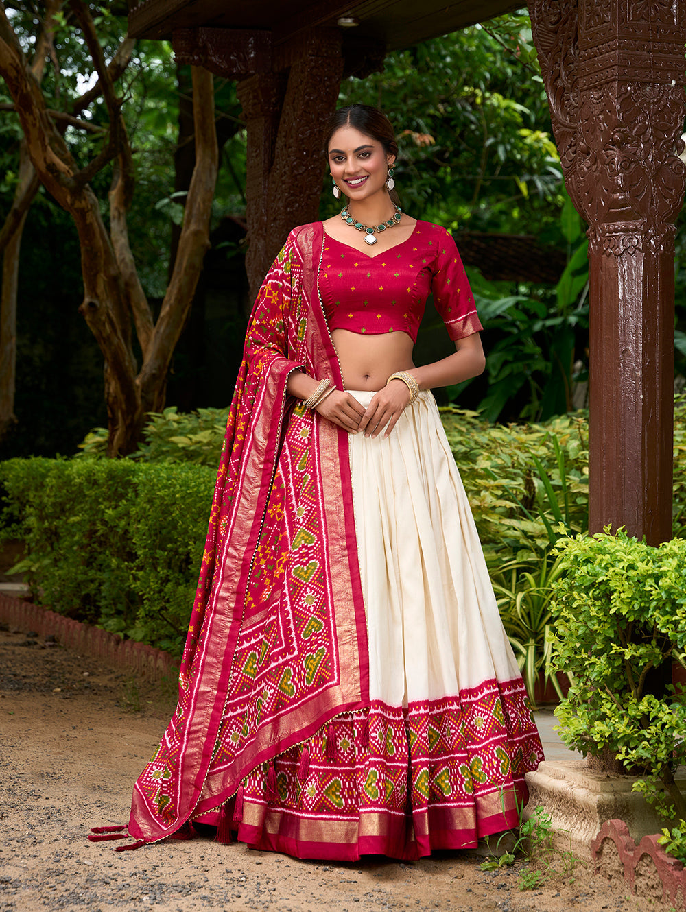Red Color Patola Print With Tussar Silk Lehenga Choli
