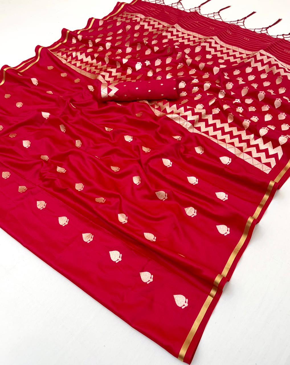 Contemporary red pure satin saree with handloom weaving and matching blouse