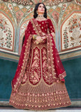 Red Elegant Velvet Lehenga Choli With Fancy Dori & Zarkan Work