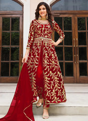 Red Embroidered Net Slit Style Abaya Style Indian Suit