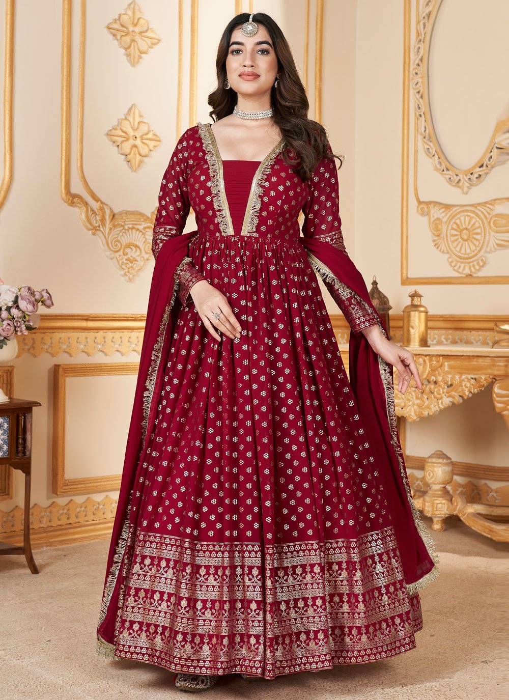 Red Faux Georgette Foil Work Ready To Wear Girlish Gown