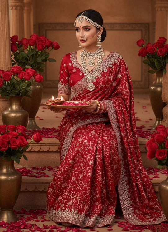 Woman in a red saree with white patterns holding a plate, surrounded by red roses and decorative vases.