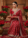 Woman in a red saree with white patterns holding a plate, surrounded by red roses and decorative vases.