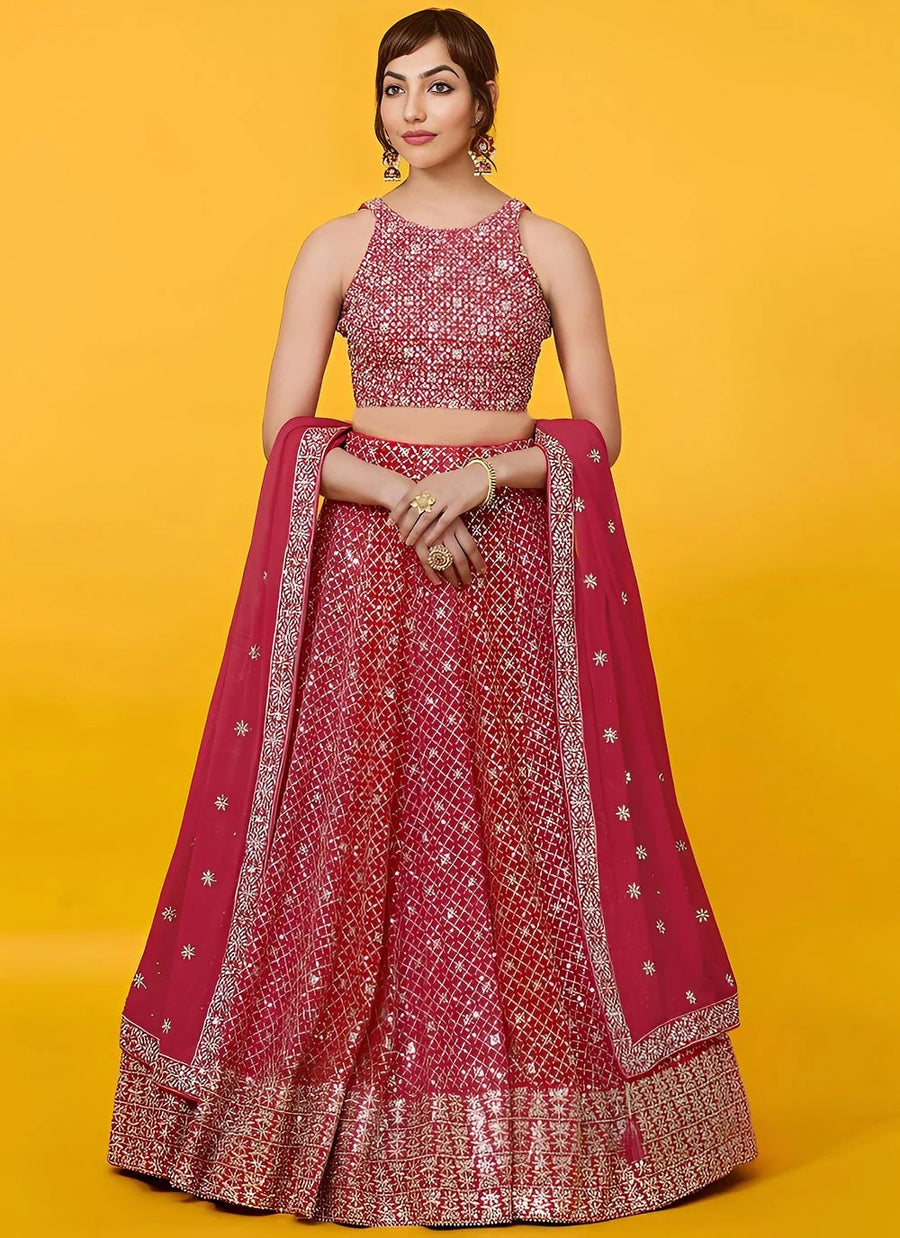 Red Georgette Wedding Guest Lehenga with Zari & Sequins Embroidery
