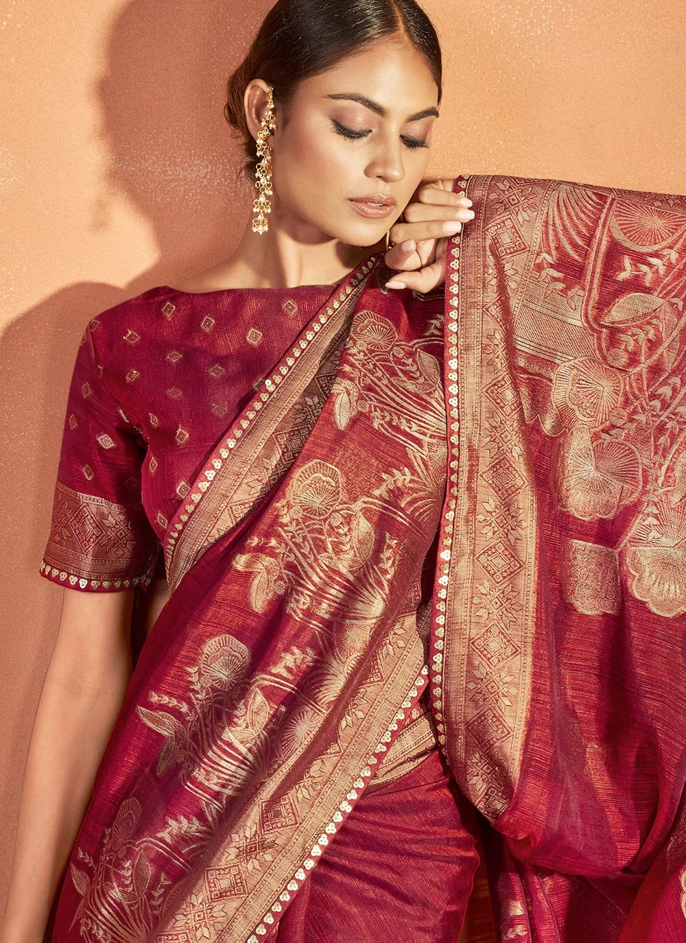 Red Kanjivaram two tone Silk Sequence Work Indian Wedding saree