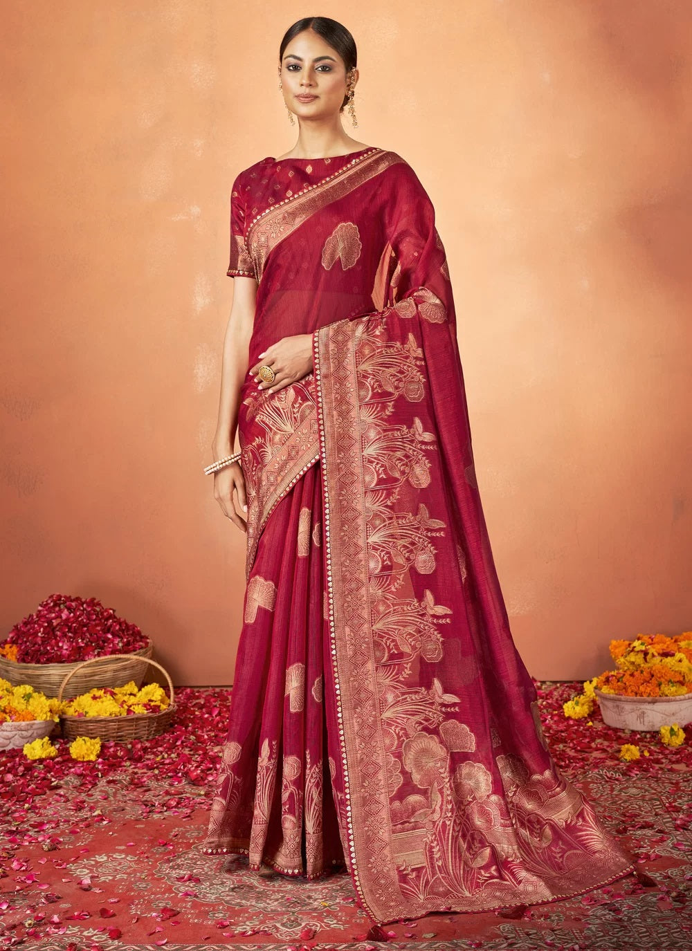 Red Kanjivaram two tone Silk Sequence Work Indian Wedding saree