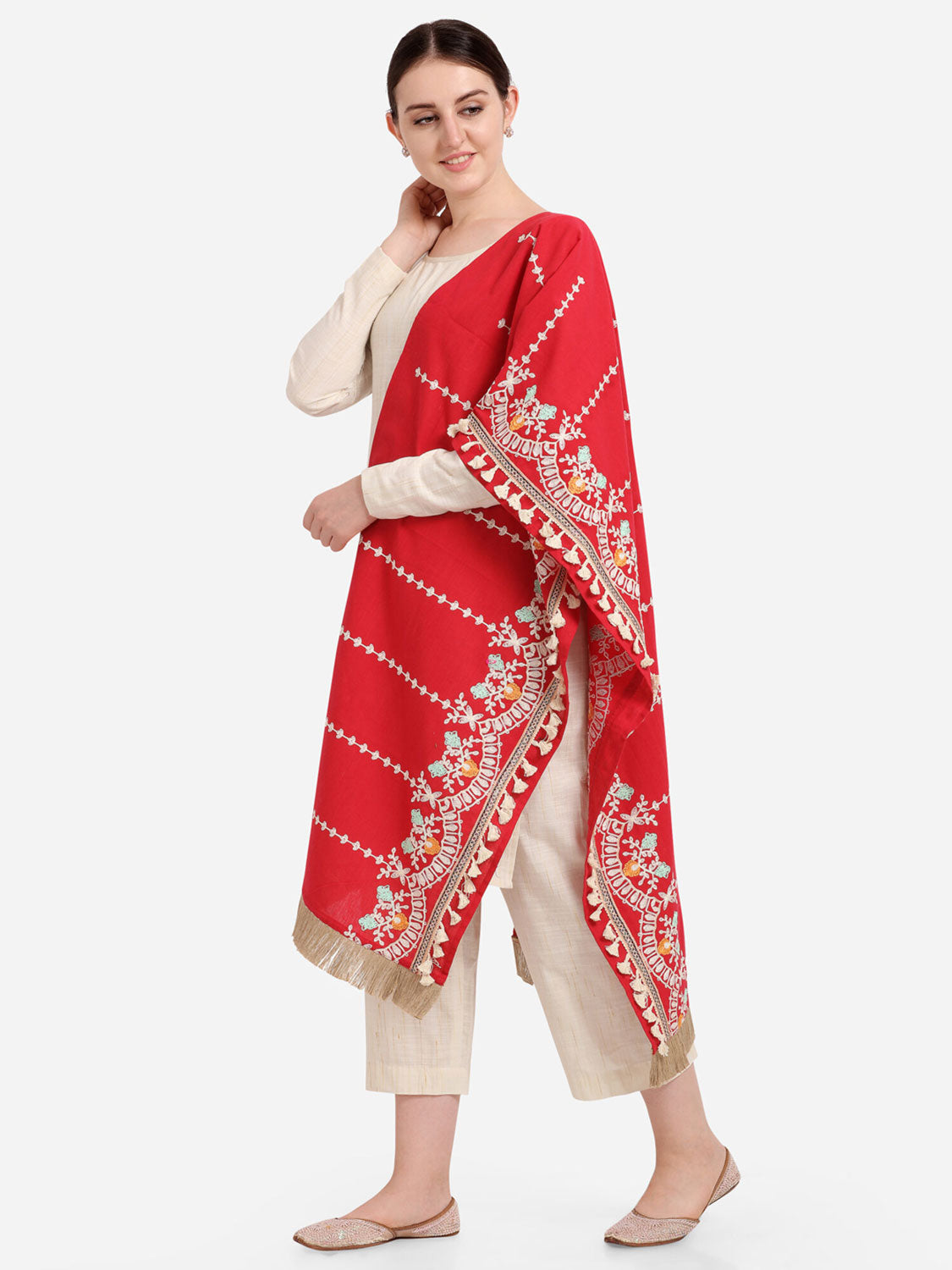 Red Khadi Cotton Embroidered Stole With Cotton Tassels Lace 