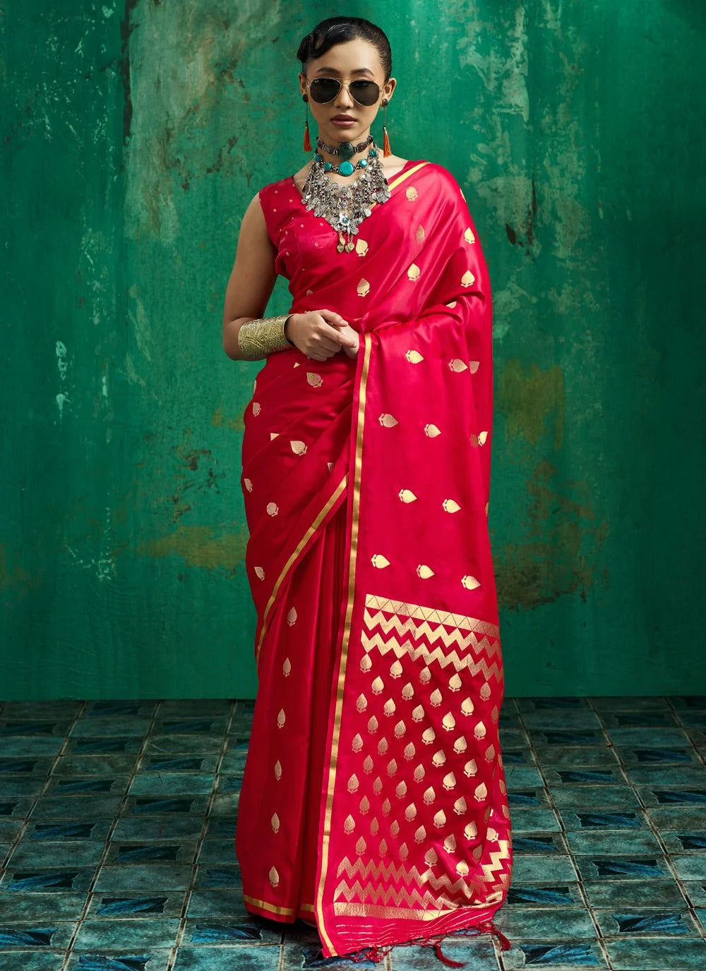 Red pure satin handloom saree in contemporary style with matching blouse