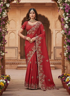 Red Upada Silk Karwa Chauth Saree with Sequence Cord Embroidery and Stone Work