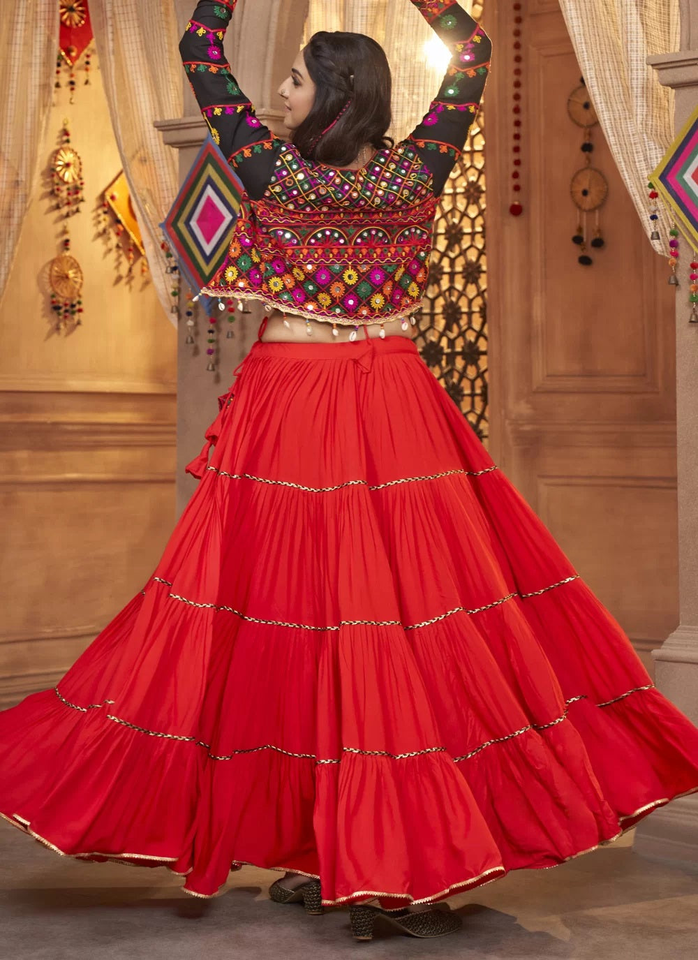 Red All Over Embroidery Sequins Lehenga in Georgette with Mirror...