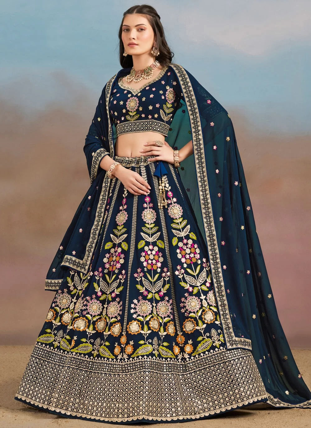 Regal Blue Georgette Wedding Wear Lehenga