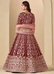 velvet suit designs pakistani in maroon with heavy embroidery