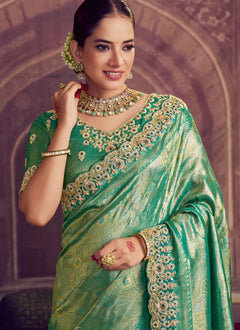 Rama Kanjivaram Pure Zari Silk Saree | Pearl & Dual Sequence Work – Trendy Saree for Women