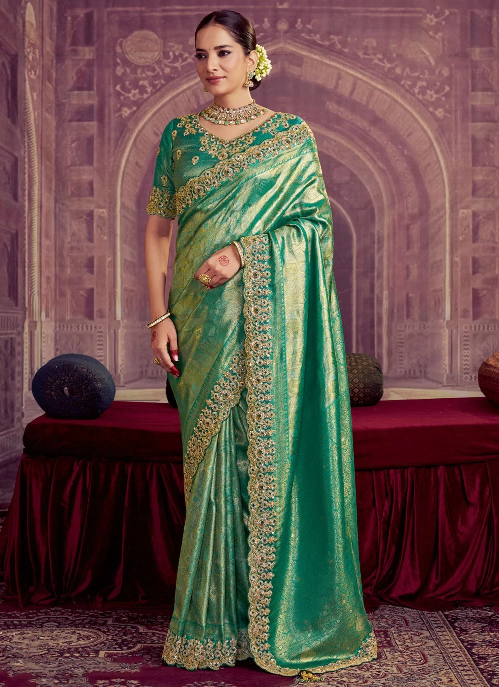 Rama Pure Zari Kanjivaram Silk Saree with Dual Sequence and Pearl Embroidery