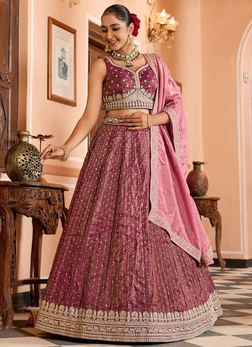 Designer reception lehenga with pink tissue silk dupatta
