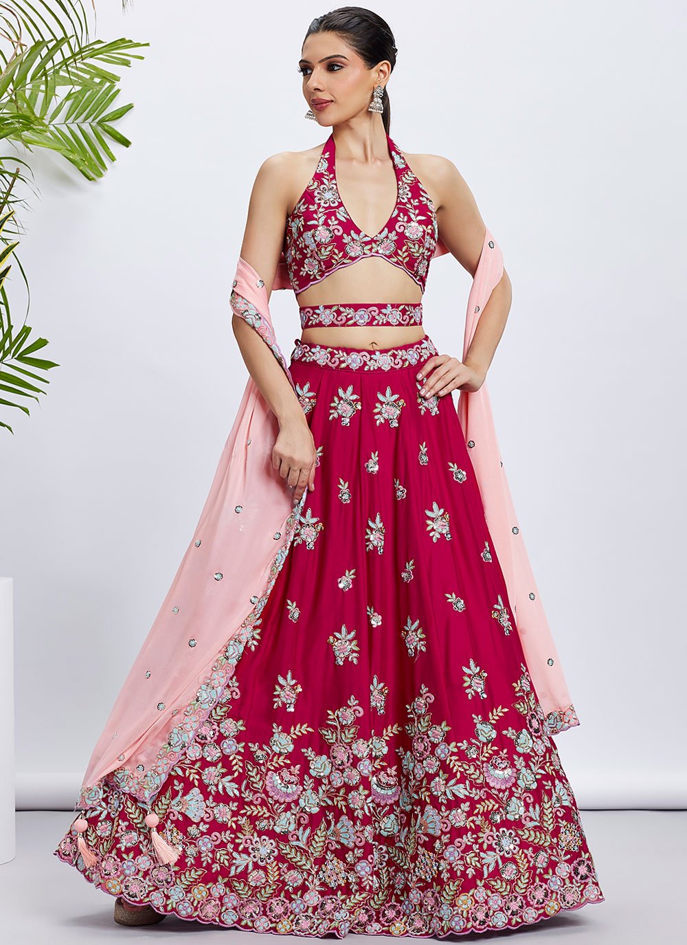 Rose Poly Georgette Wedding Celebration Lehenga with Sequins Work