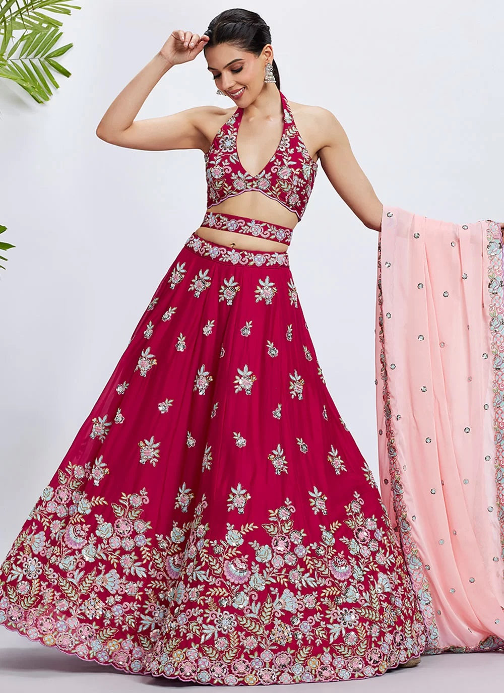 Rose Poly Georgette Wedding Celebration Lehenga with Sequins Work