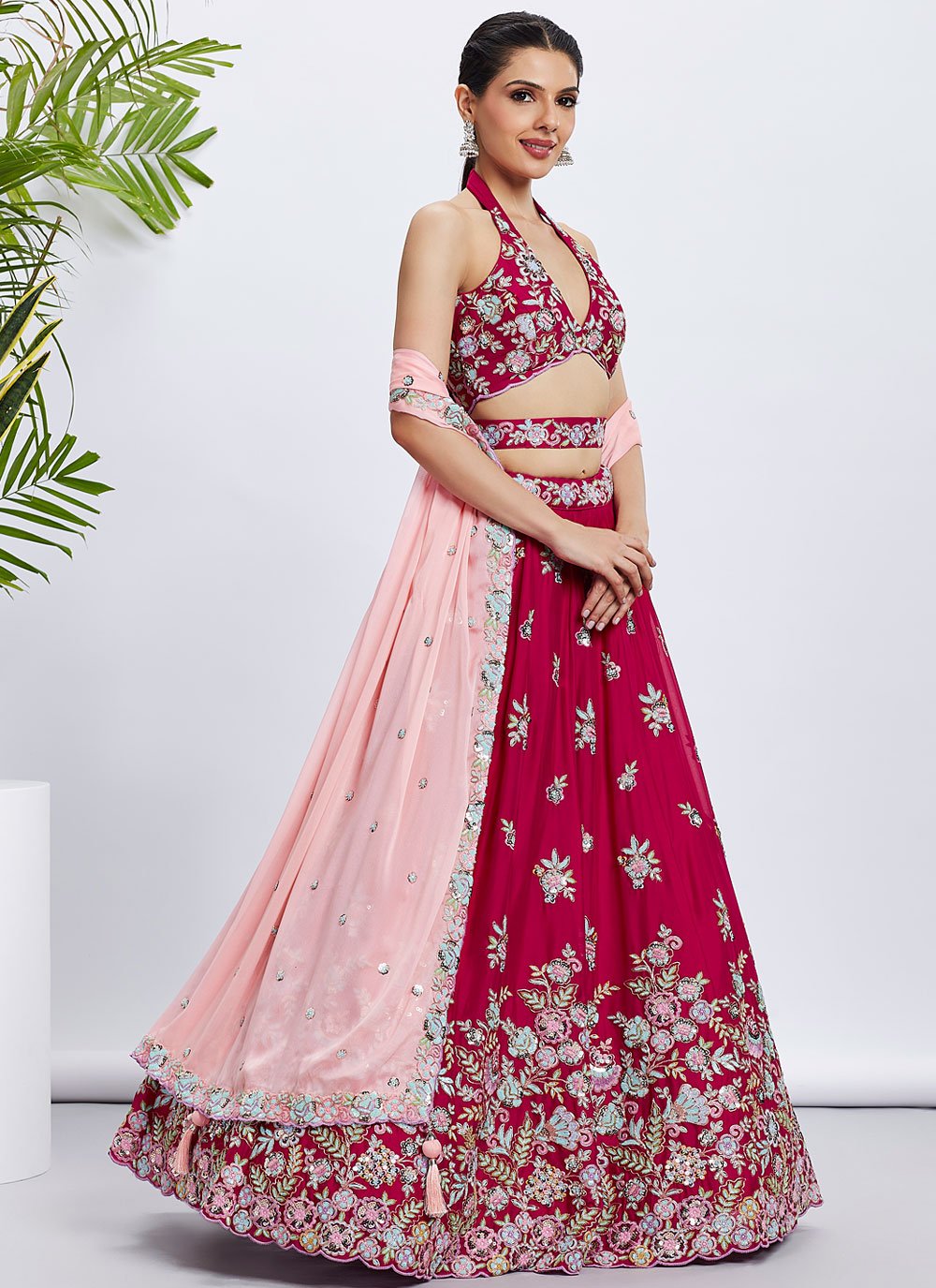 Rose Poly Georgette Wedding Celebration Lehenga with Sequins Work