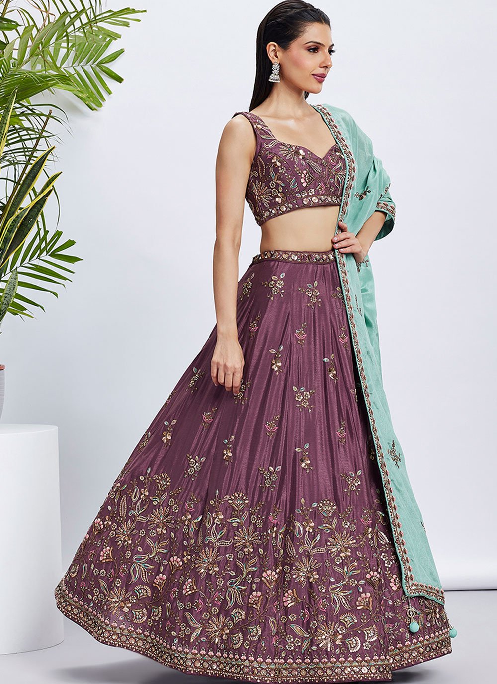 Rosegold Chiffon Party Wear Lehenga for Women with Sequins Embroidery