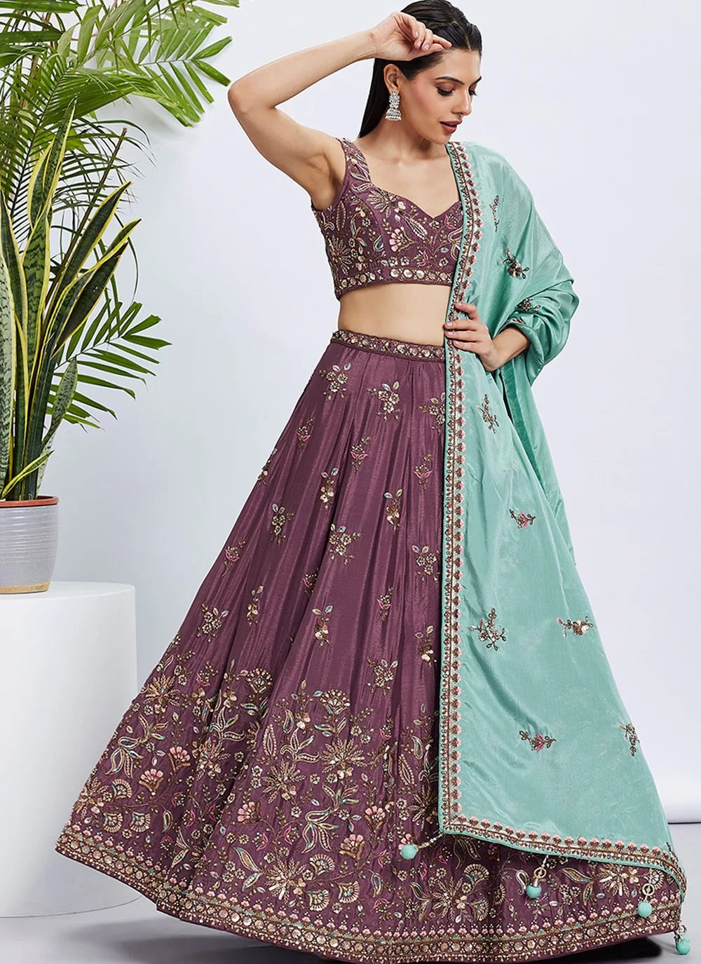 Rosegold Chiffon Party Wear Lehenga for Women with Sequins Embroidery