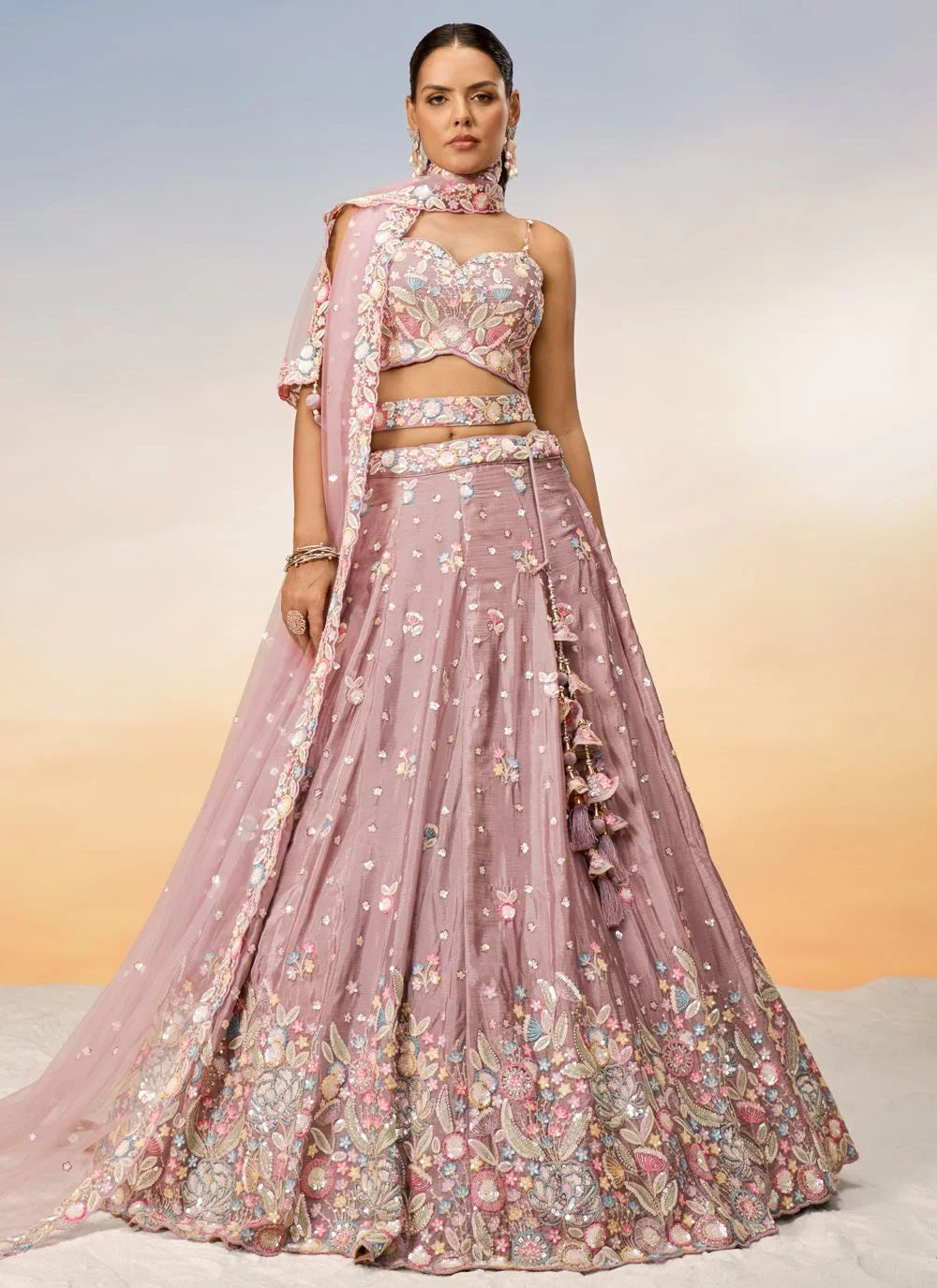 Rosegold Poly Chiffon Reception Wear Lehenga For Bridesmaid