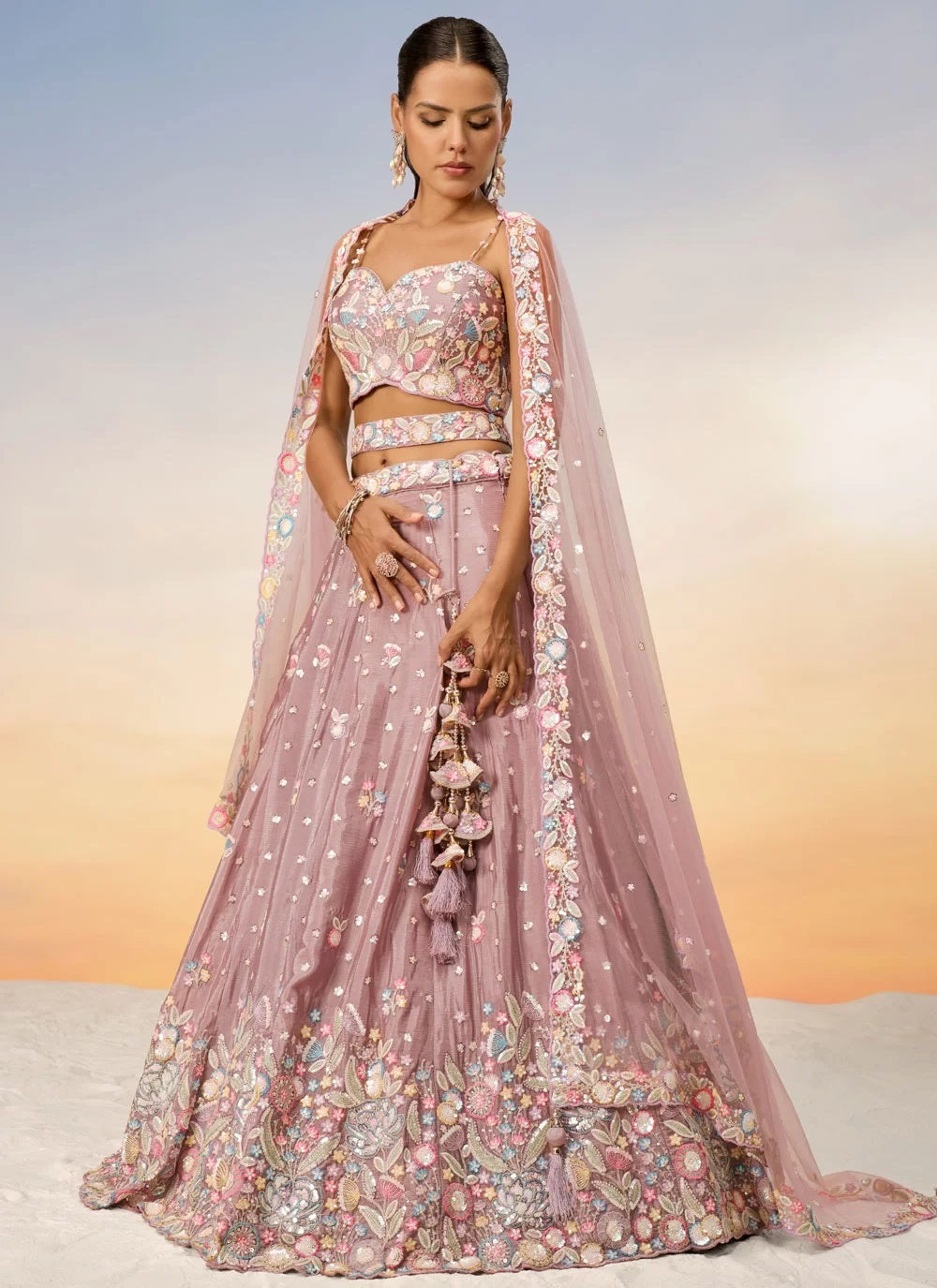 Rosegold Poly Chiffon Reception Wear Lehenga For Bridesmaid