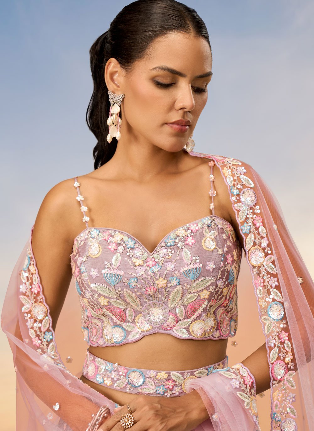 Rosegold Poly Chiffon Reception Wear Lehenga For Bridesmaid