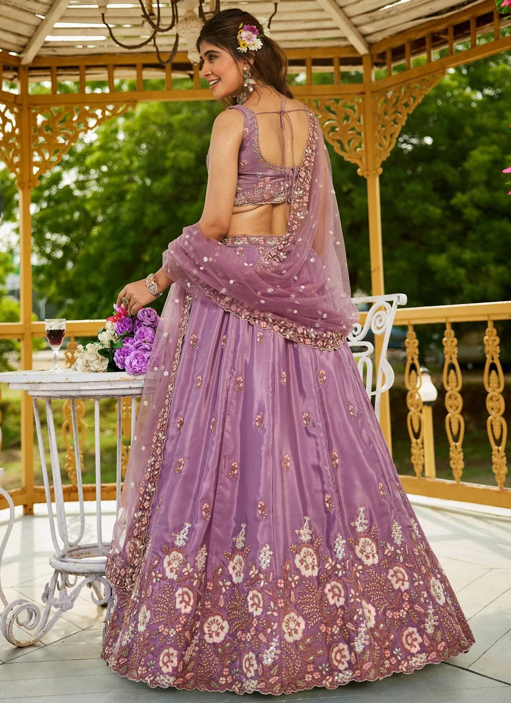 Elegant Rosegold Satin Wedding Lehenga with Sequins and Embroidery Work