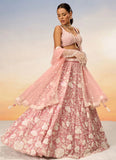 Rosegold Stylish Georgette Bridesmaid Lehenga with Sequins Embroidery and Net Dupatta