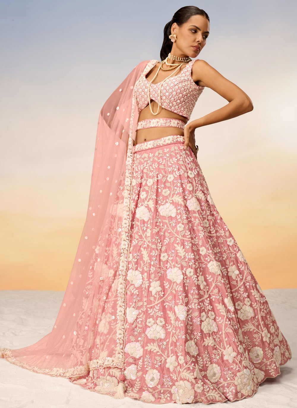 Rosegold Stylish Georgette Bridesmaid Lehenga with Sequins Embroidery and Net Dupatta