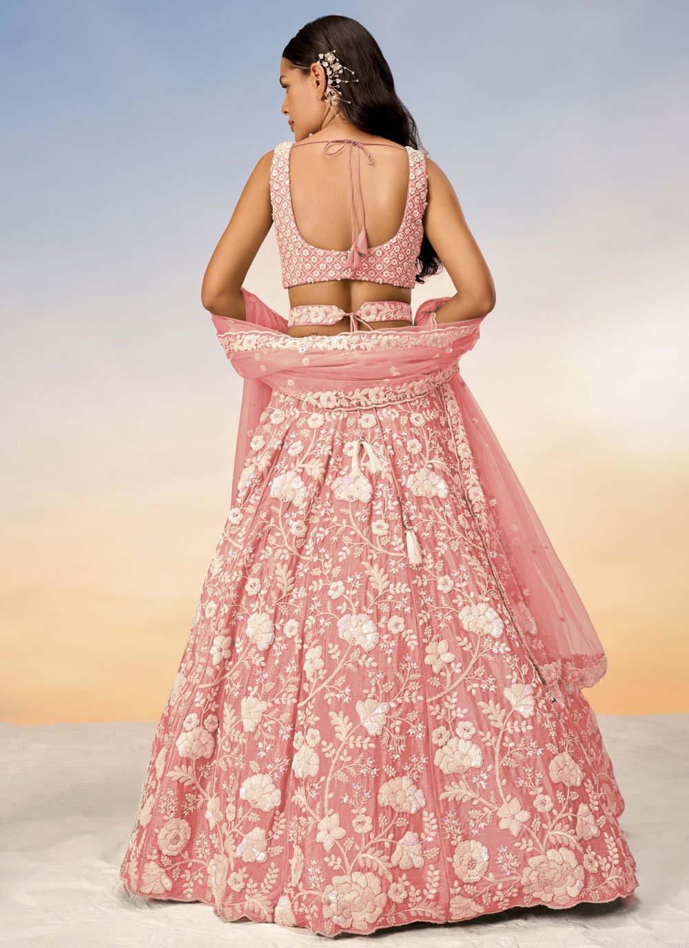 Rosegold Stylish Georgette Bridesmaid Lehenga with Sequins Embroidery and Net Dupatta