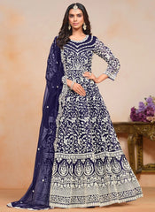 Elegant blue ethnic Anarkali suit with embroidered dupatta
