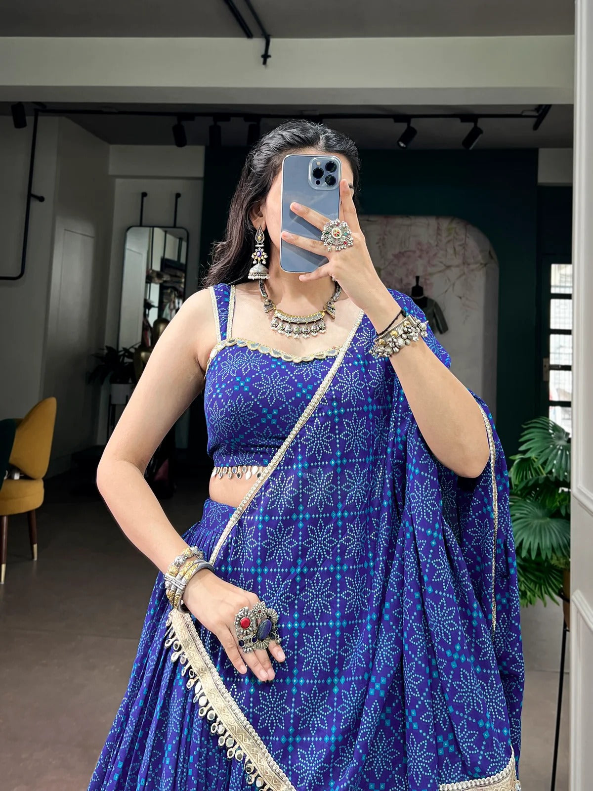Royal blue Bandhej chaniya choli with stitched blouse and matching 2.5 metre dupatta