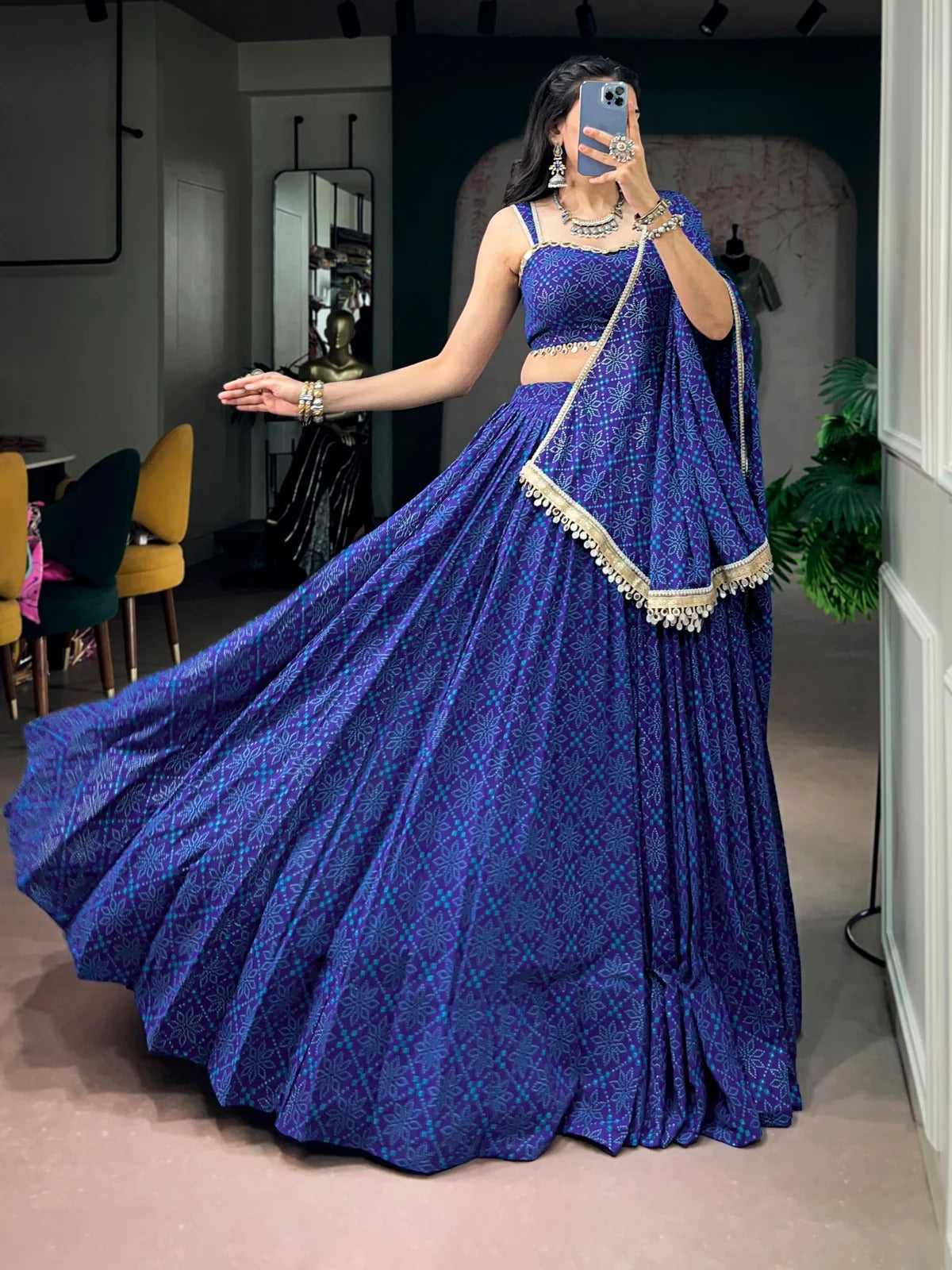 Royal blue Bandhej Georgette lehenga choli with 8 metre flair for Navratri Garba