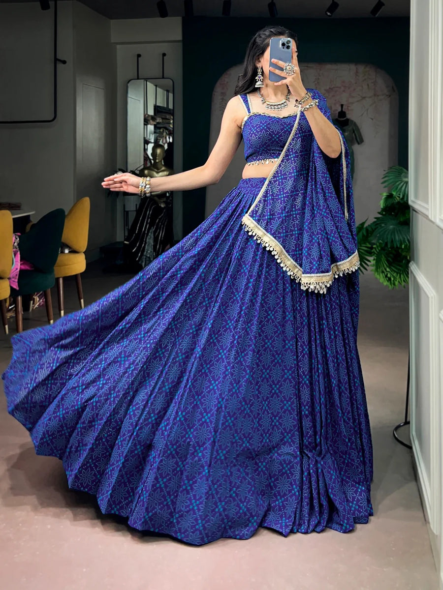 Royal blue Bandhej Georgette lehenga choli with 8 metre flair for Navratri Garba