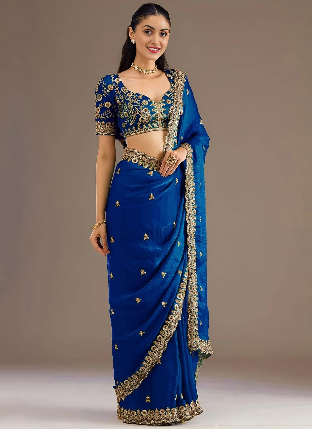 Royal Blue embroidered tissue saree for wedding reception