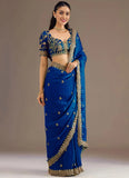 Royal Blue embroidered tissue saree for wedding reception