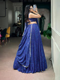 Royal blue Navratri lehenga featuring traditional Bandhej foil print and mirror lace detailing