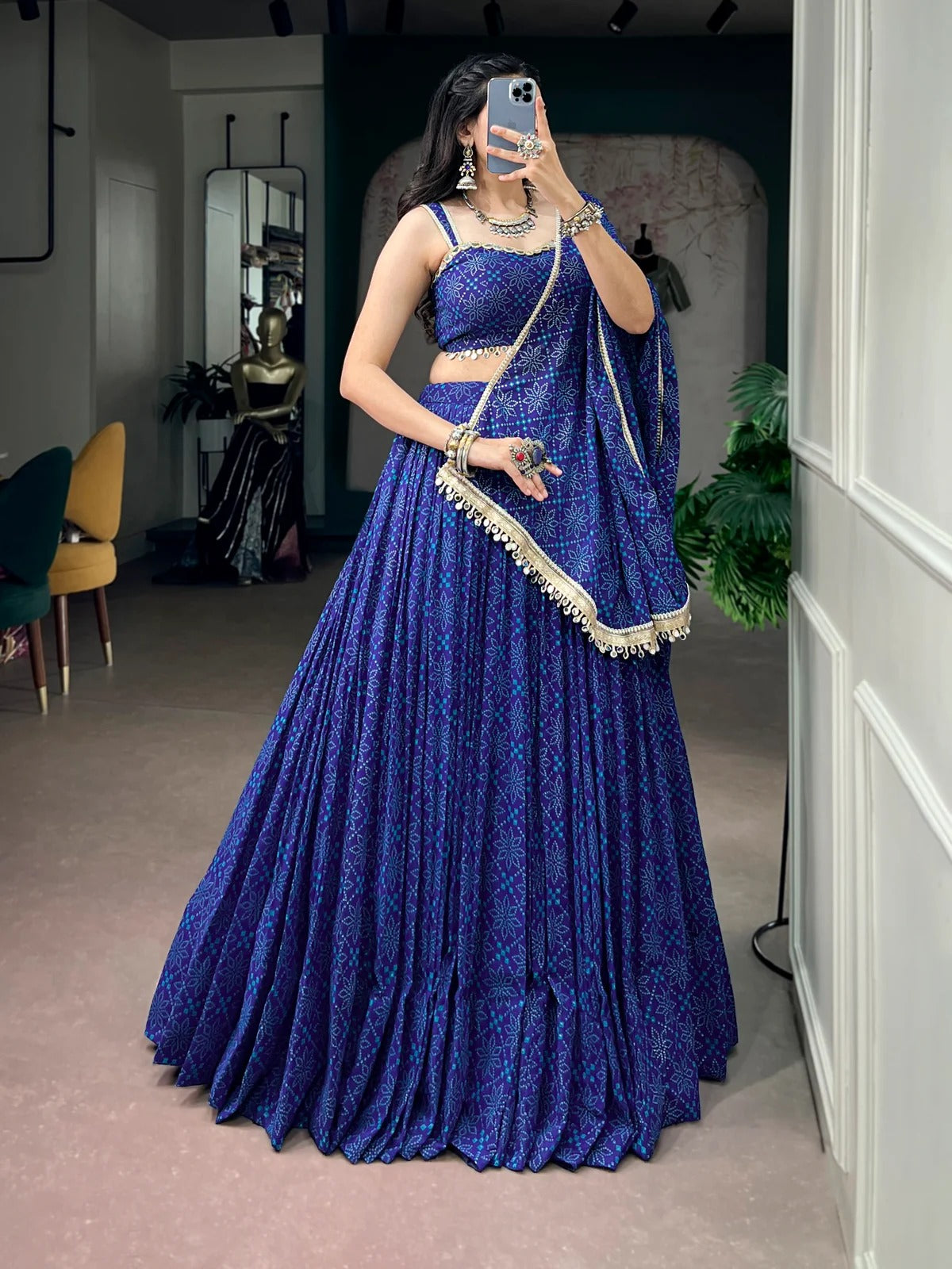 Royal blue Bandhej Georgette lehenga choli with 8 metre flair for Navratri Garba