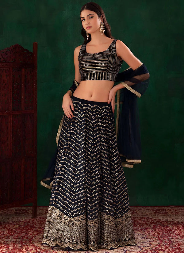 Royal blue sangeet lehenga with zari embroidery