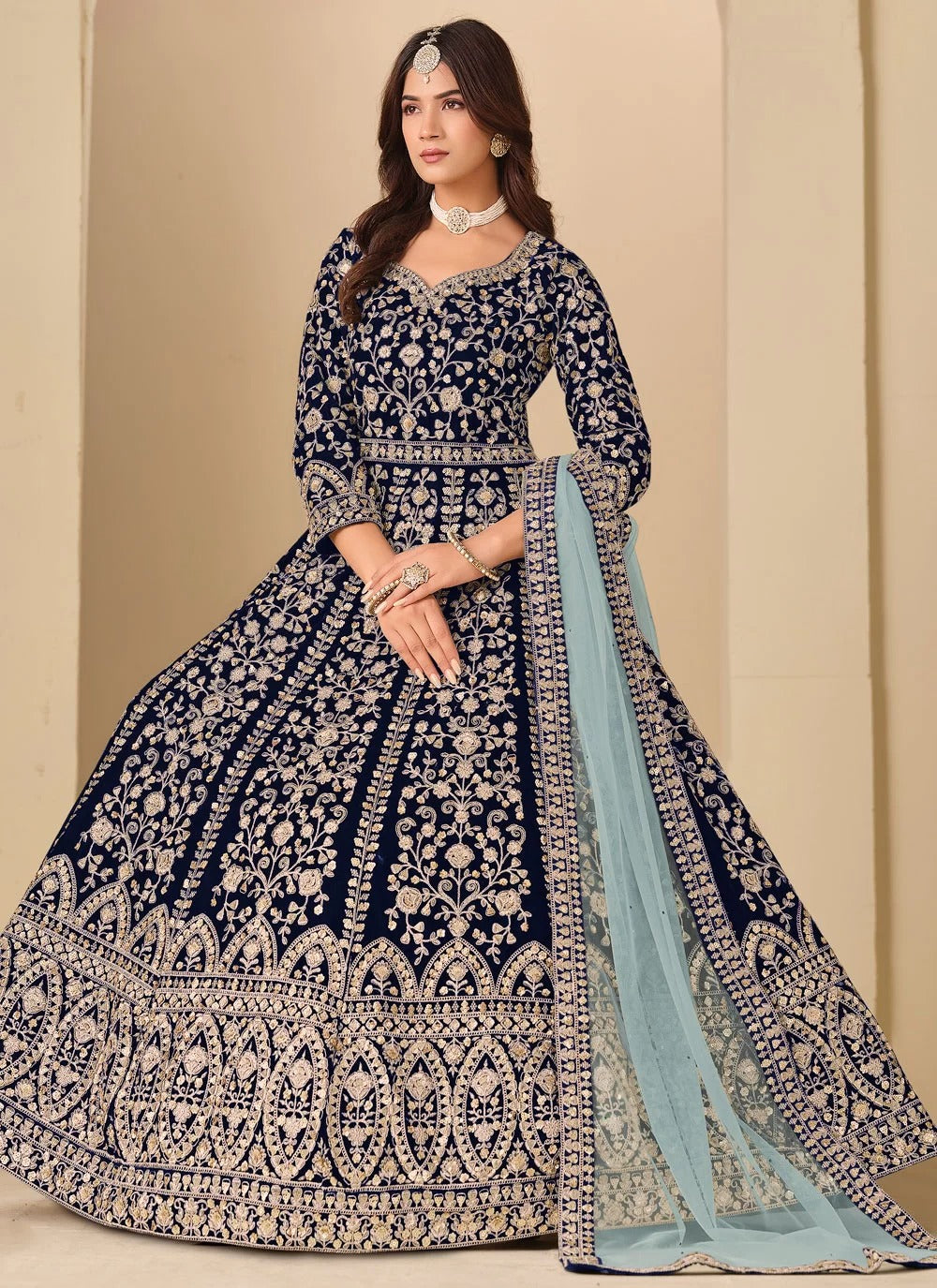 Royal Blue Velvet Anarkali Suit for Women with Front & Back Embroidery
