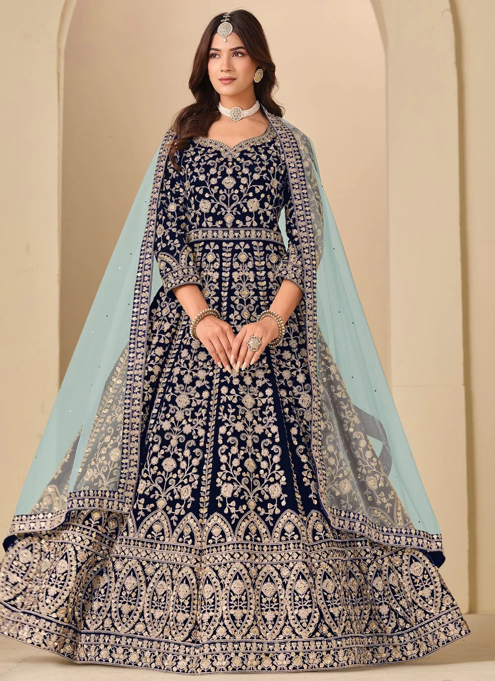 anarkali suit for women in blue velvet with front and back embroidery