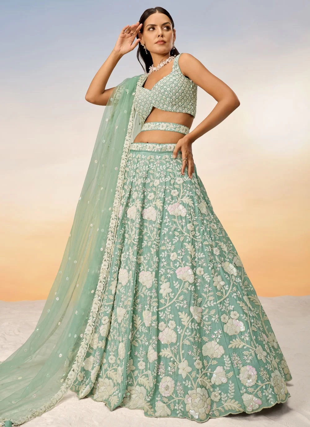 Royal Indian Wedding Lehenga with Heavy Zarkan and Sequins Embroidery In Seagreen